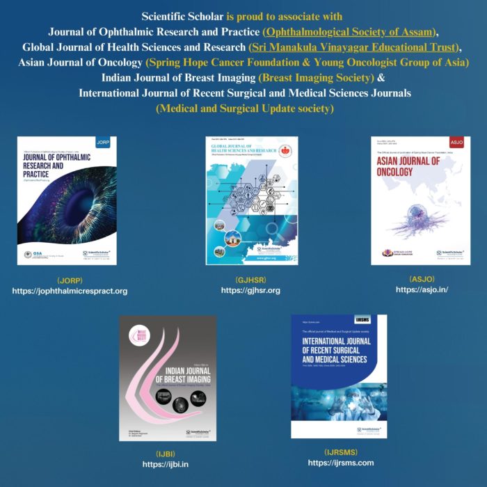 Scientific Scholar is proud to associate with JORP, JHSR, ASJO, IJBI & IJRSMS Journals